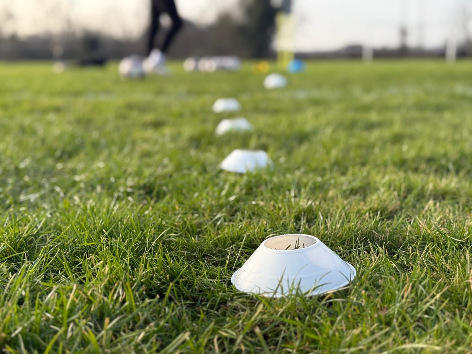 A line of white cones stretches across a grass pitch towards a player in the distance